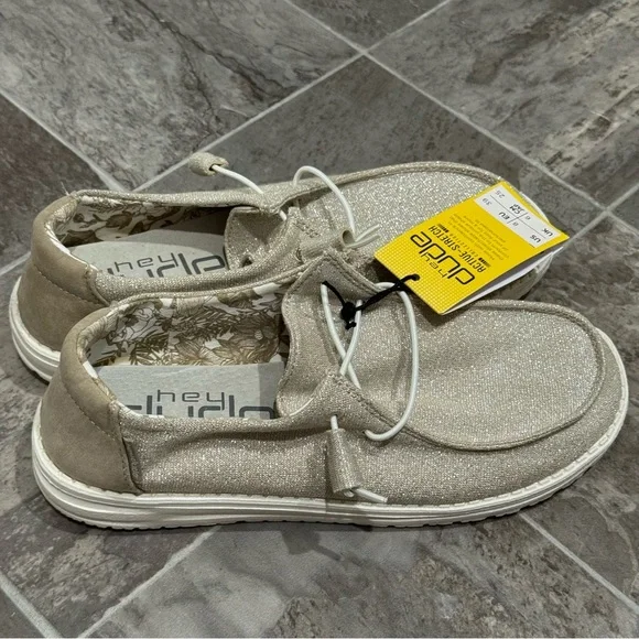 Hey Dude Women 8 Wendy Sparkling Beige Slip On Loafers Stretch Metallic - Picture 3 of 9